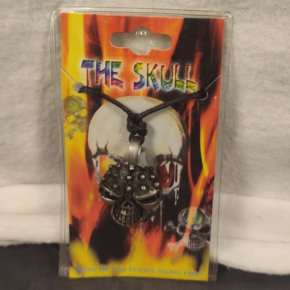New The Skull Pewter Studded Skull Necklace Nickel Free Black Adjustable Cord